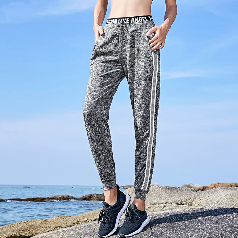 Women Drawstring Running Pants Sport Joggers Quick Dry Athletic Gym Fitness Sweatpants Straight Leg With Two Side Pockets Feet