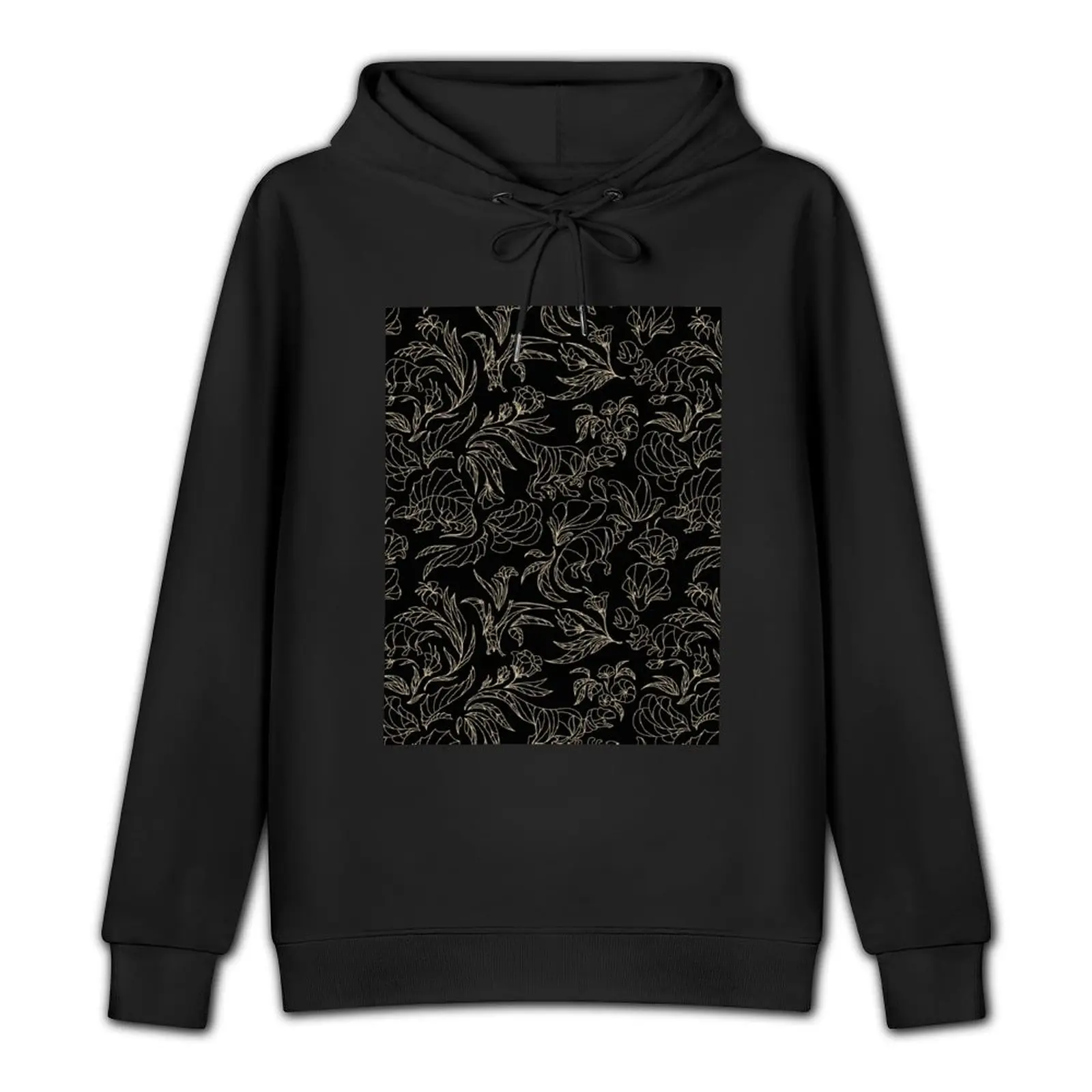 Hidden Dinosaurs - Elegant Floral Pattern - Black and Gold Pullover Hoodie japanese style autumn hoodie