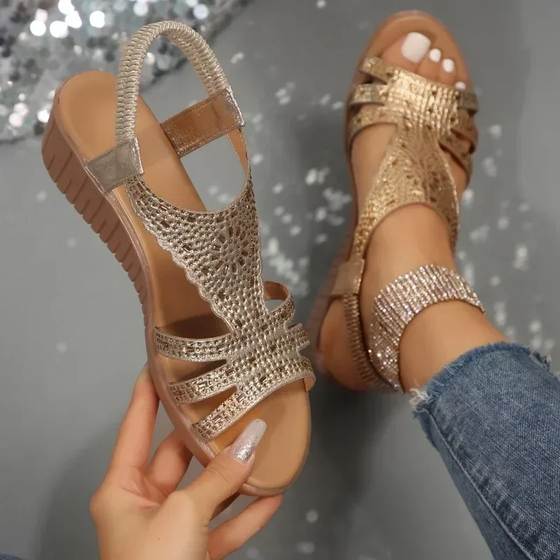 Shoes Female 2024 Brand Elastic Band Women's Sandals Fashion Crystal Office and Career Hot Sale Peep Toe Wedge Sandals Zapatos