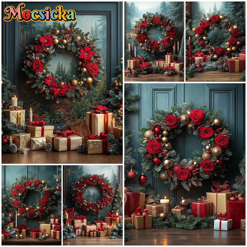 

Mocsicka Christmas Photo Backdrop Home New Year Party Gifts Wreath Rose Studio Birthday Backgrounds Decorations Family Wallpaper