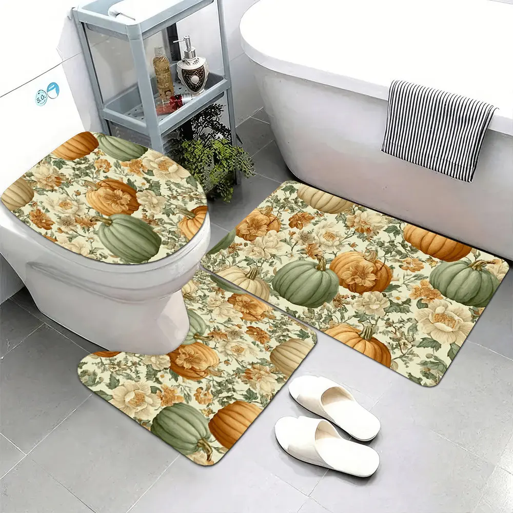 

3pcs Super Soft Bathroom Floor Mats Set, Non-slip Backing, A Wallpaper Pattern with Pumpkins And In Muted Pastel Co Print Suita
