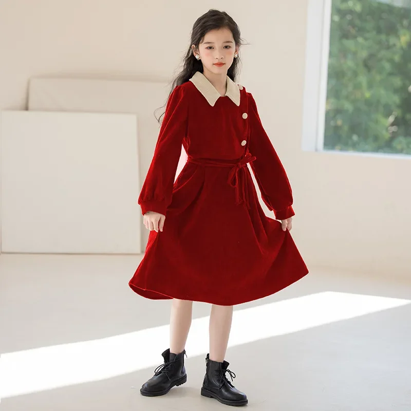 Girls' Autumn Dress Flip Collar Fake Two Piece Lace Up Dress Knee Length Long Sleeve Dress Daily Party Dress for Girls Aged 5-14