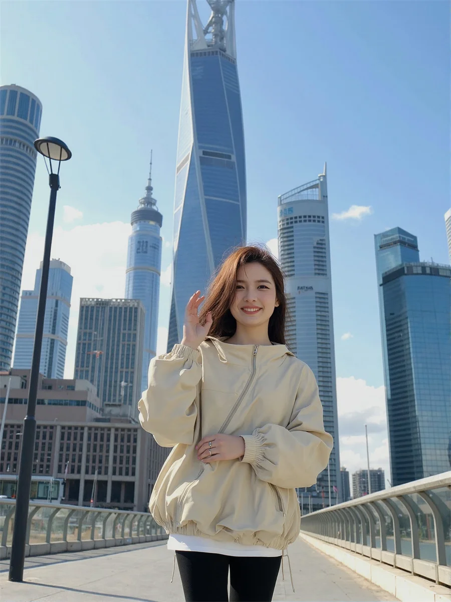 

Hooded Zipper Loose Jackets Aesthetic Top Women Autumn Quick-Drying Vintage Office Lady's Performance Buttons Stand-Collar Airy