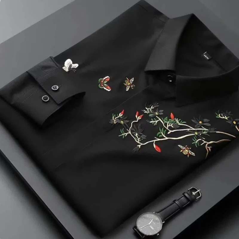 Chinese Style Men Shirts New Autumn Lapel Embroidery Button Trend Fashion Temperament Office Social Loog Sleeve Slim Shirts Tops