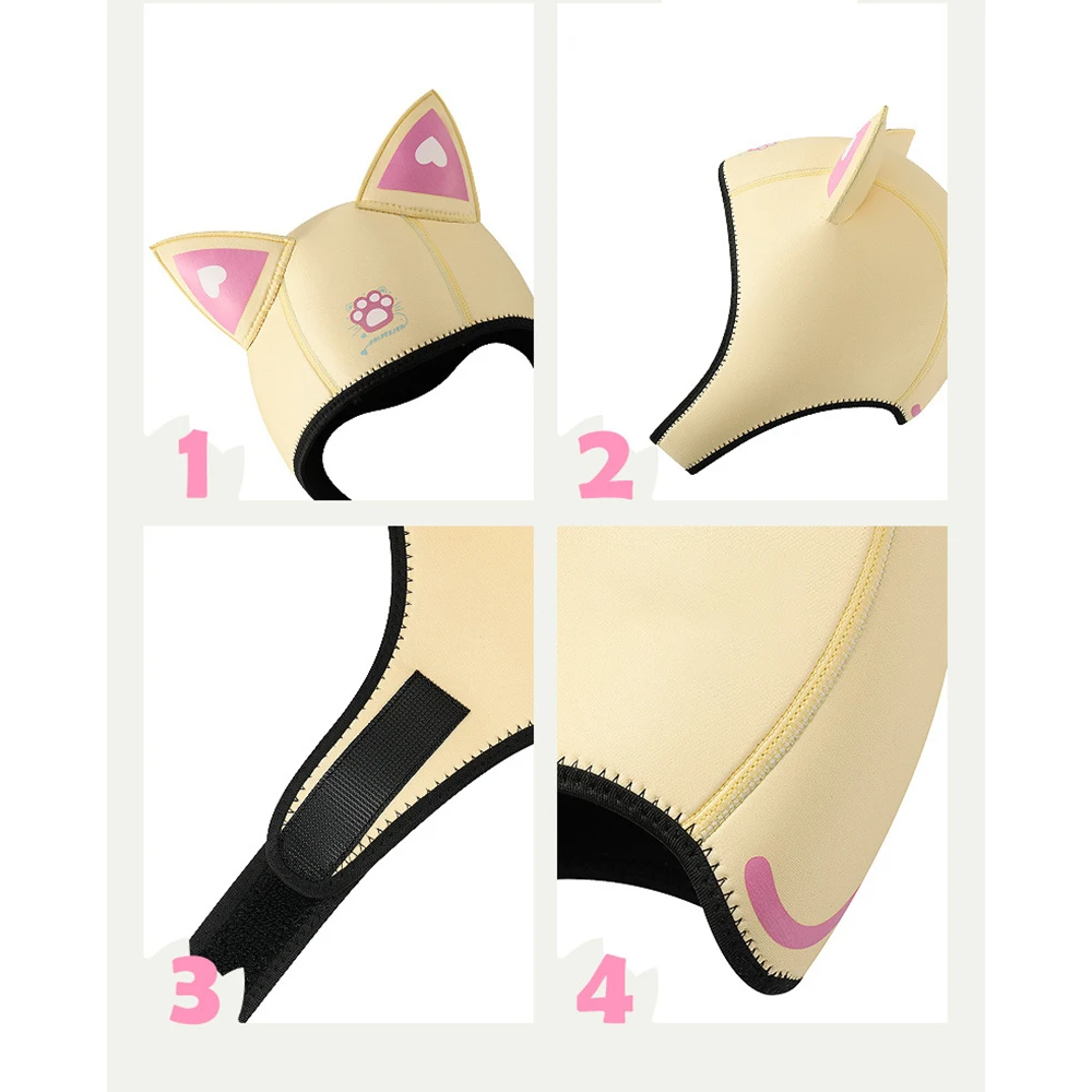 3MM Neopren Tauchen Haube Mit Kinn Riemen Frauen Nette Katze Ohren Wasserdichte Hut Neoprenanzug Haube Schwimmen Schnorcheln Kappen – Detail 5