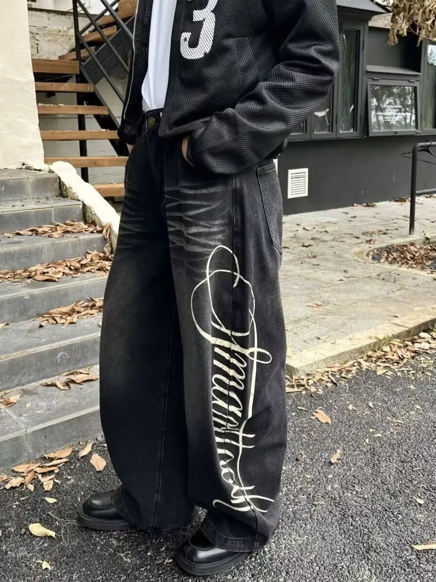 

Мужские джинсы в американском ретро-стиле, свободного кроя, повседневные, с принтом, прямые, визуально стройнящие, в стиле Харадзюку