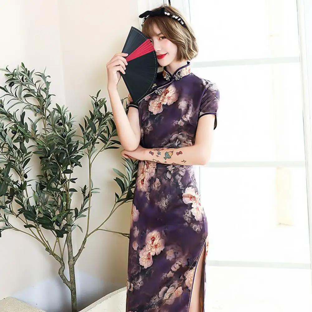 

Women Cheongsam Floral Print Slim Short Sleeve Splits Midi Dress for Party Traditional Chinese Mandarin Collar Cheongsam Vestido