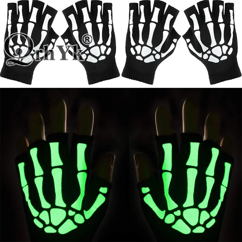 Fashion Halloween Style Gloves Luminous Horror Skull Bone Skeleton Half Gloves Novelty Unisex Mittens Winter Warmer Gloves