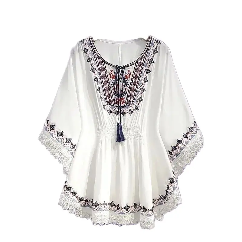 Shirt Top Women Summer 2024 New Fashion Leisure National Wind Chiffon Shirt Vintage Loose Drawstring Printing Outerwear Female