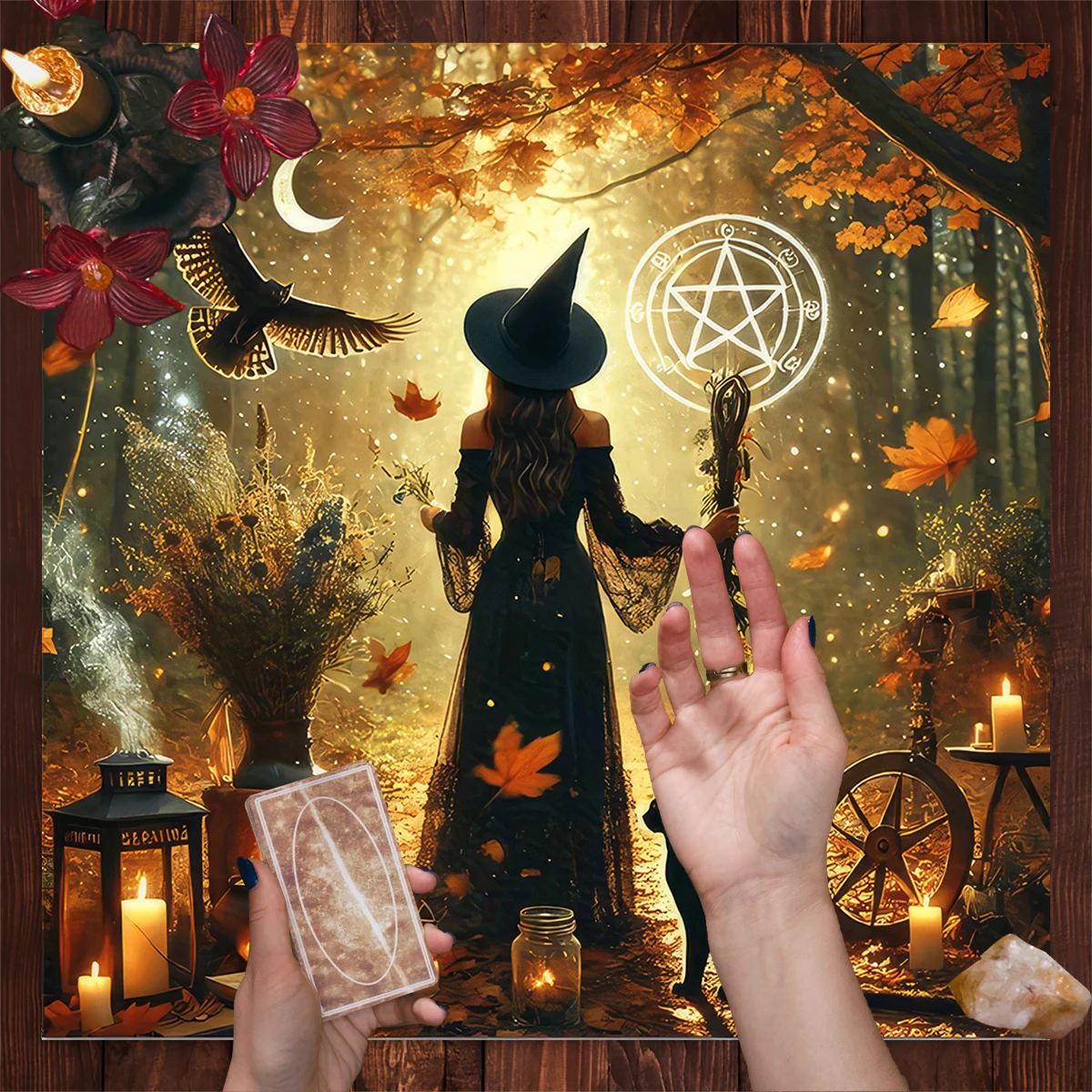 50/75/110/137cm Witch Autumn Altar Cloth Tarot Tablecloth Black Cat Pentagram Divination Cloth Mat Halloween Celebrations Decor