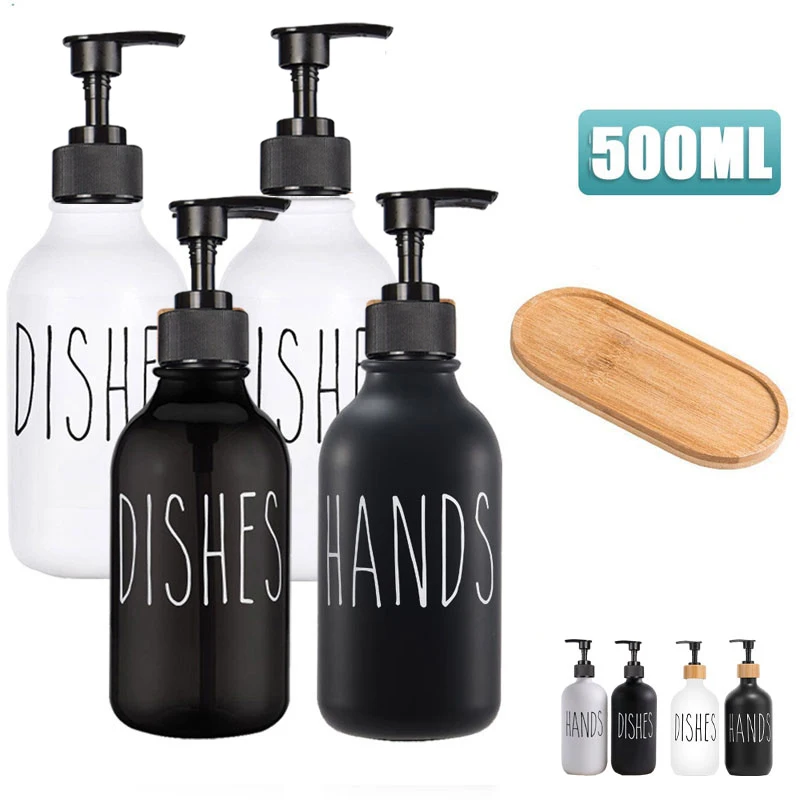 Set Plastic Home Kitchen Dish Soap Dispenser Bathroom Shampoo Lotions 500ml Lotions Empty Bottles Wooden Tray