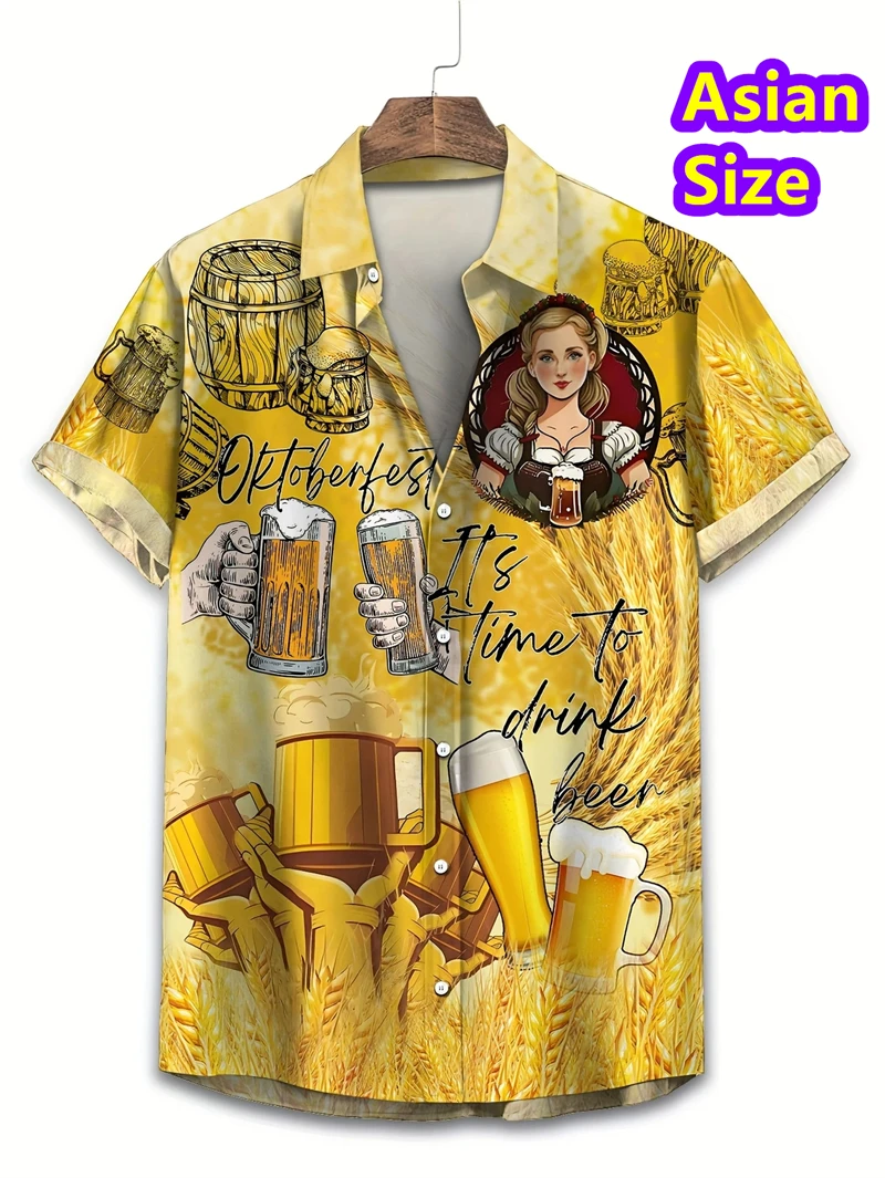 Camisas hawaianas del Festival de la cerveza para hombre, camisetas de manga corta con estampado 3D, camisetas de un solo pecho de estilo playero hawaiano de verano, ropa con solapa