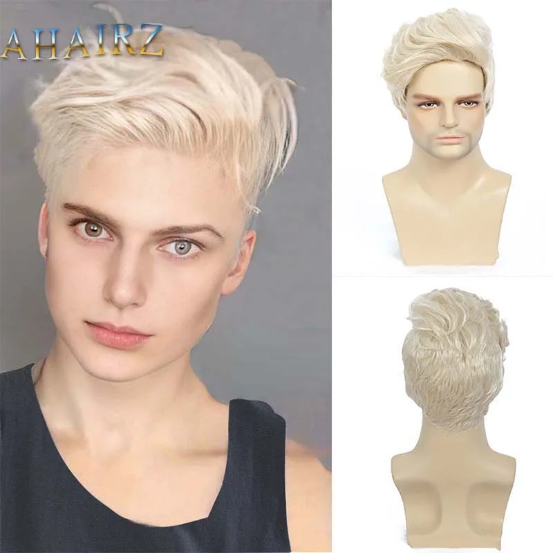 Perruque blonde synthétique courte pour hommes, perruques d'apparence naturelle droites, faux cheveux cosplay, fête d'Halloween, utilisation 03