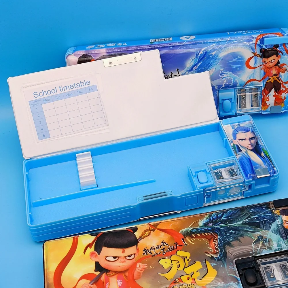 Nezha Stationery Box,Multi-functional Children's Pencil Case, Double-layer Large-capacity Cartoon Student Stationery Storage Box