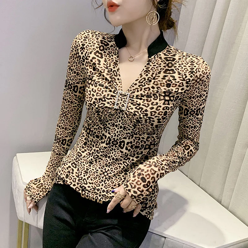 #7974 Sexy Leopard Print T Shirt Women Stand Collar Mesh Long Sleeve T Shirt Women Casual Vintage Skinny Women\'s T-shirt Autumn