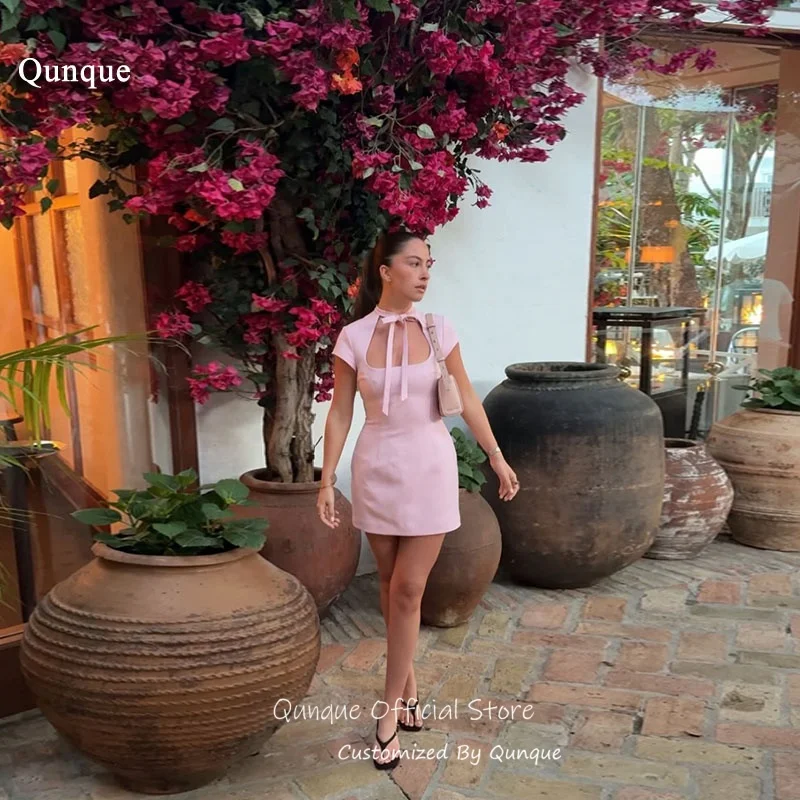 

Qunque Pink Cut Out Prom Dresses Mini Minimalist Vestidos De Fiesta Elegantes Bow Short Sleeves Woman Party Gowns Customized