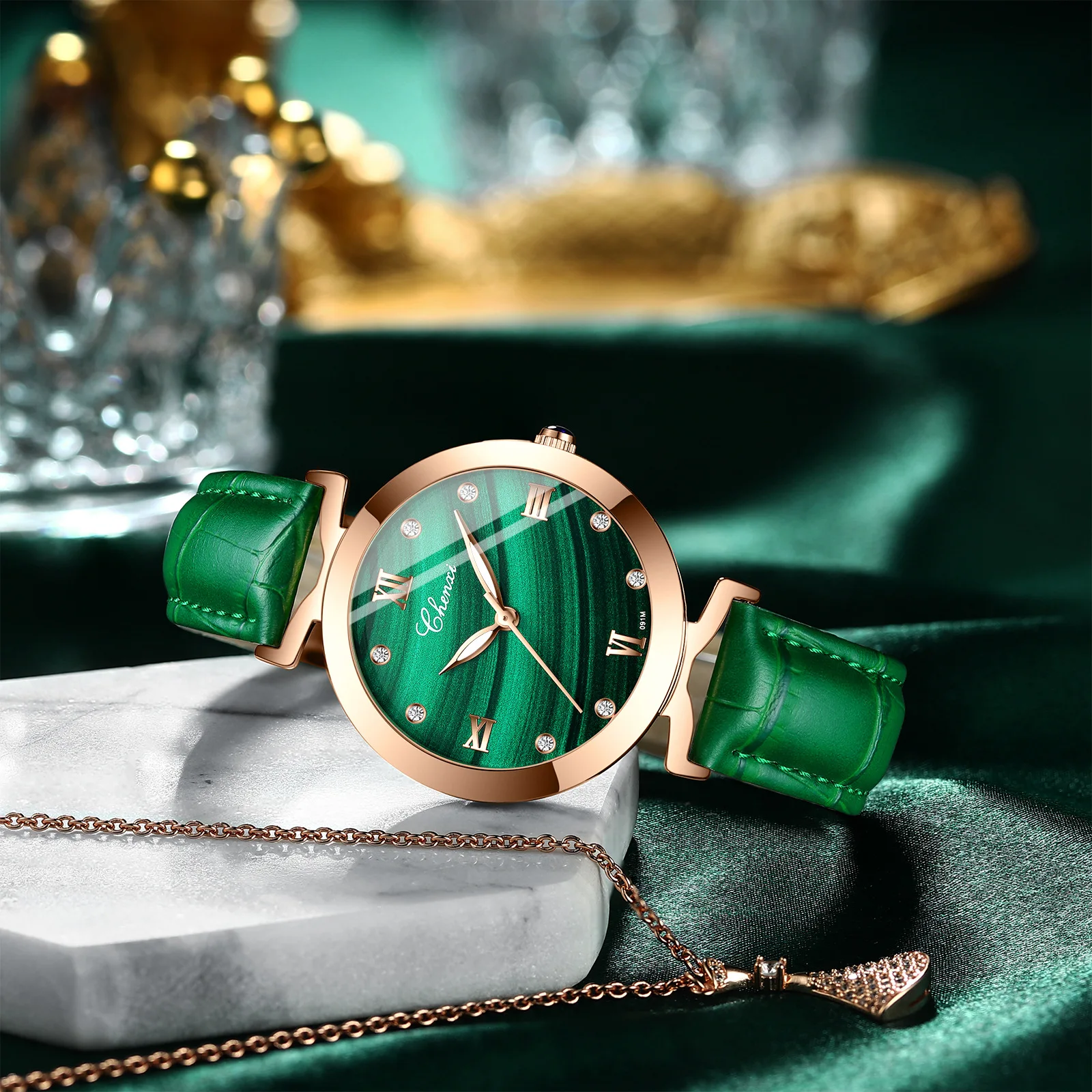 Popular Small Square Watch Women's Leather Fashion Waterproof Malachite Pattern Watch Women's Ins Wind Small Green Watch