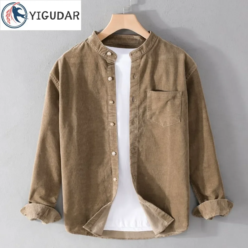 Spring  Autumn Style Long Sleeve Casual Trend Corduroy Shirt Men Long Sleeved Retro Small Standing Collar Casual Shirt Men Coat