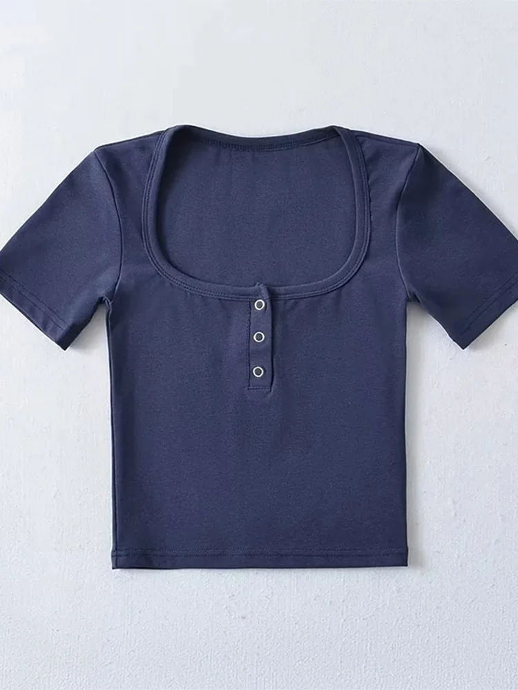 Women's Button Front Short Sleeve Crop T-shirt Casual Loose Fit Top in Various Colors