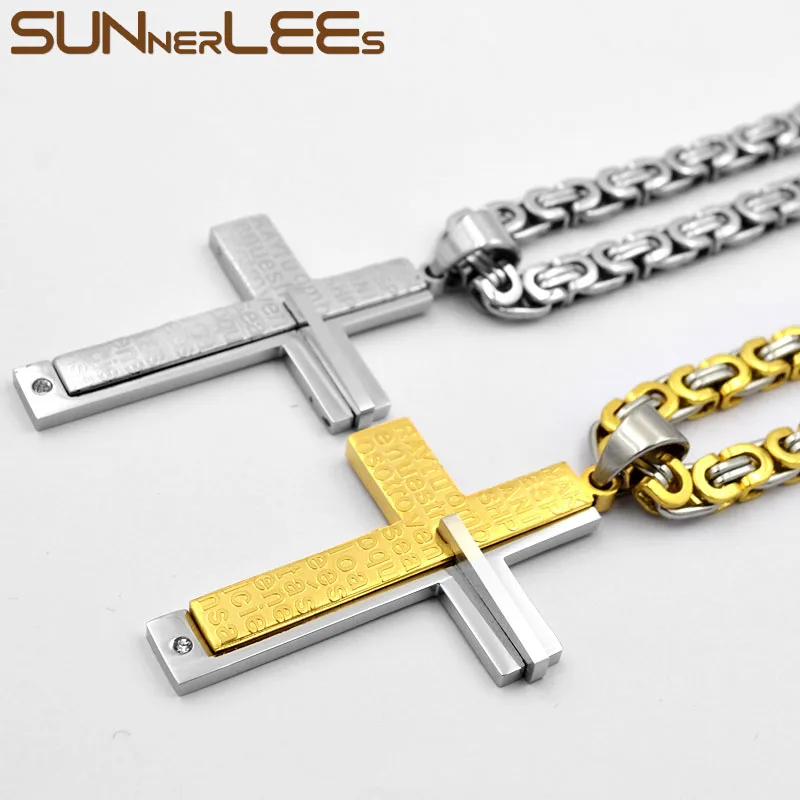 

SUNNERLEES Stainless Steel Jesus Christ Cross Pendant Necklace Byzantine Link Chain Silver Color Gold Plated Men Boys Gift SP256