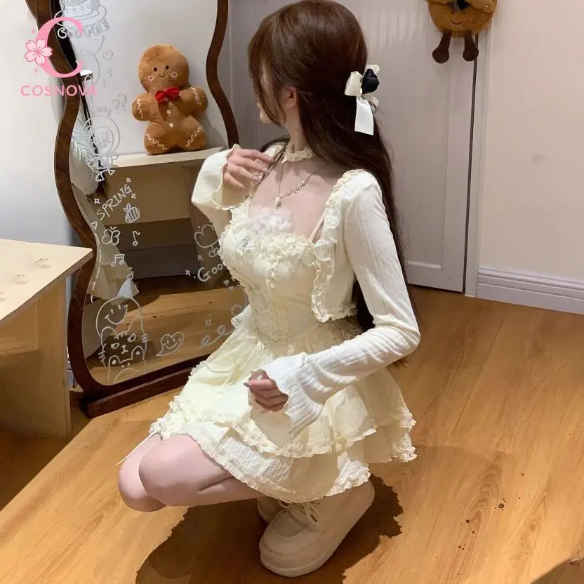 Sweet Lolita Camisole Dress Set Women Lace Trim Puff Sleeve High Waist Corset Ruffle Tiered Mini Dress Tea Party Kawaii Outfit view 3