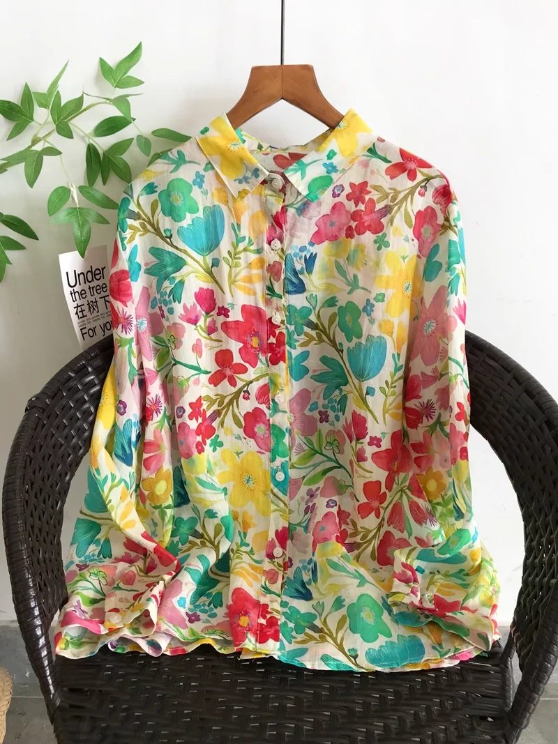 

2025 Romantic floral print ramie shirts and blouses for women autumn pure ramie oil painting print long sleeve tops