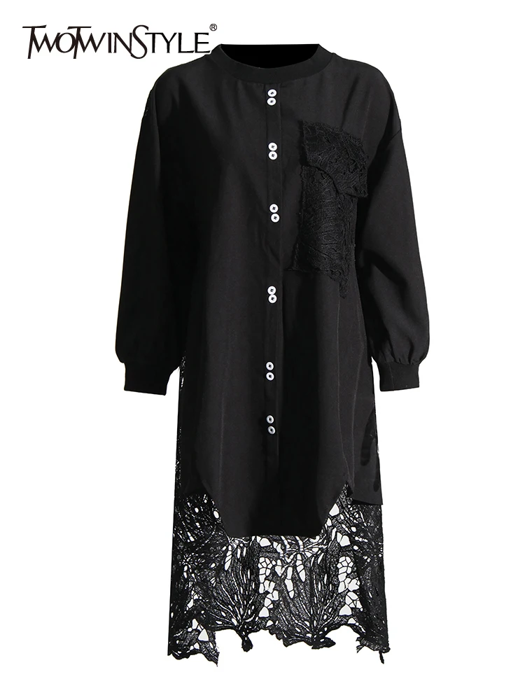

TWOTWINSTYLE Patchwork Lace Up Hem Dresses For Women Round Neck Long Sleeve Hollow Out Solid Dress Female Fashion Clothing 2024