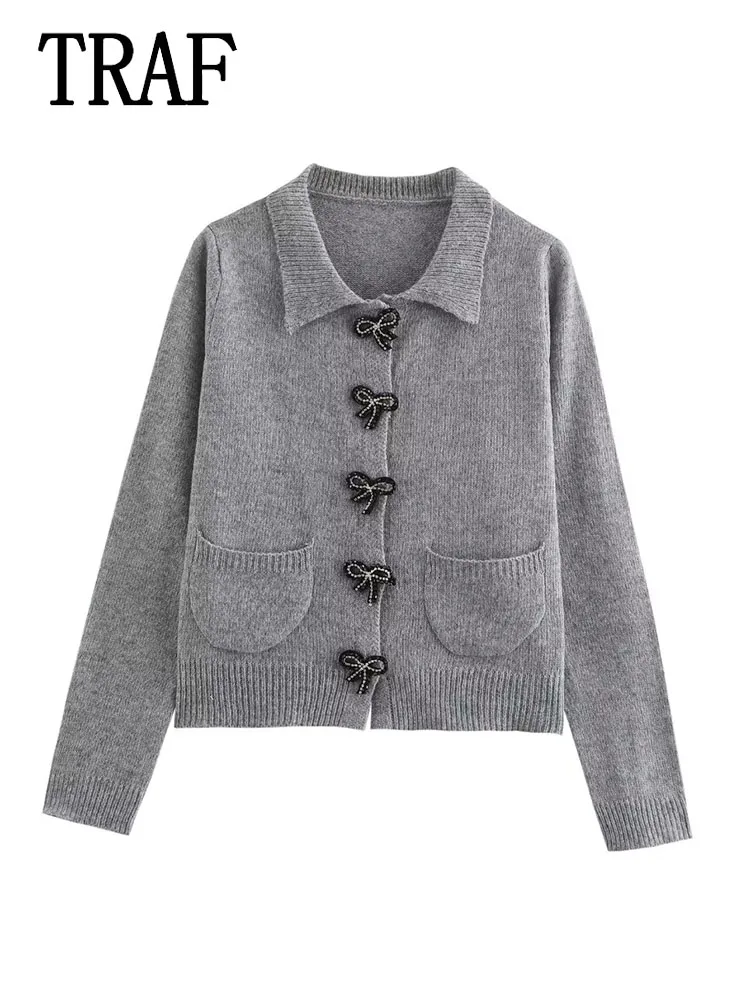 TRAF Women Bow Button Decoration Knitted Cardigan New Autumn Elegant Lady Style Knitted Woman Cardigan Long Sleeve Top