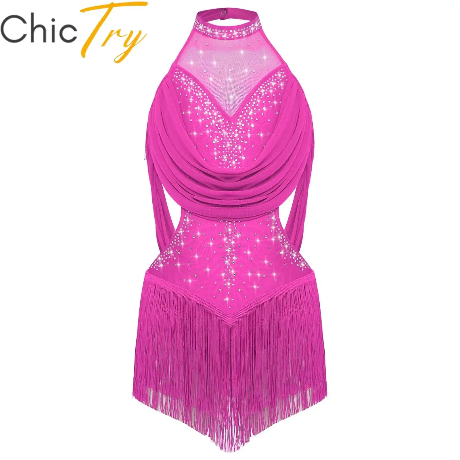 

Kids Girls Latin Jazz Dance Dress Modern Contemporary Performance Stage Costume Tassel Glittery Rhinestones Gymnastics Leotard