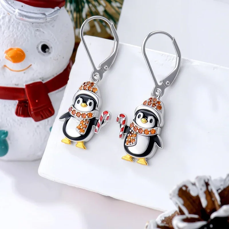 Huitan Lovely Penguin Holding Candy Cane Drop Earrings for Women Active Stylish Ear Accessories Trendy Christmas Party Jewelry