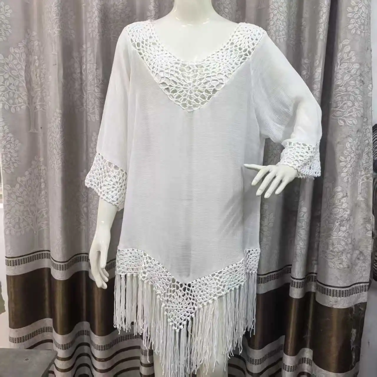 2026 Summer Women's Hand Crocheted Fringe Beach Cover Up Hollow Out Loose Plus Size Solid Color Vacation Sun Protection Swimwear