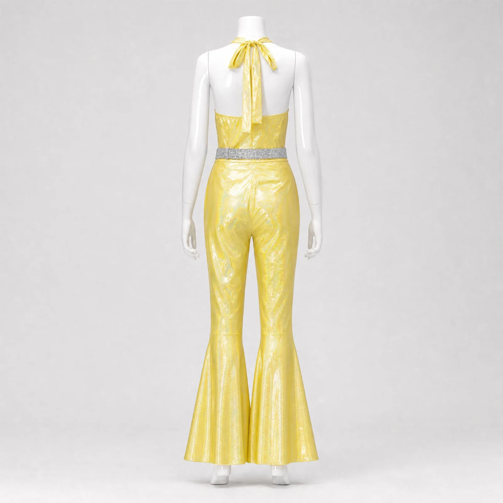 Funkelnder Metallic-Discobodysuit für Damen, ärmellos, mit V-Ausschnitt, rückenfrei, Schlaghose, 70er-Jahre-Nachtclub-Bühnen-Cosplay-Outfit – Detail 16