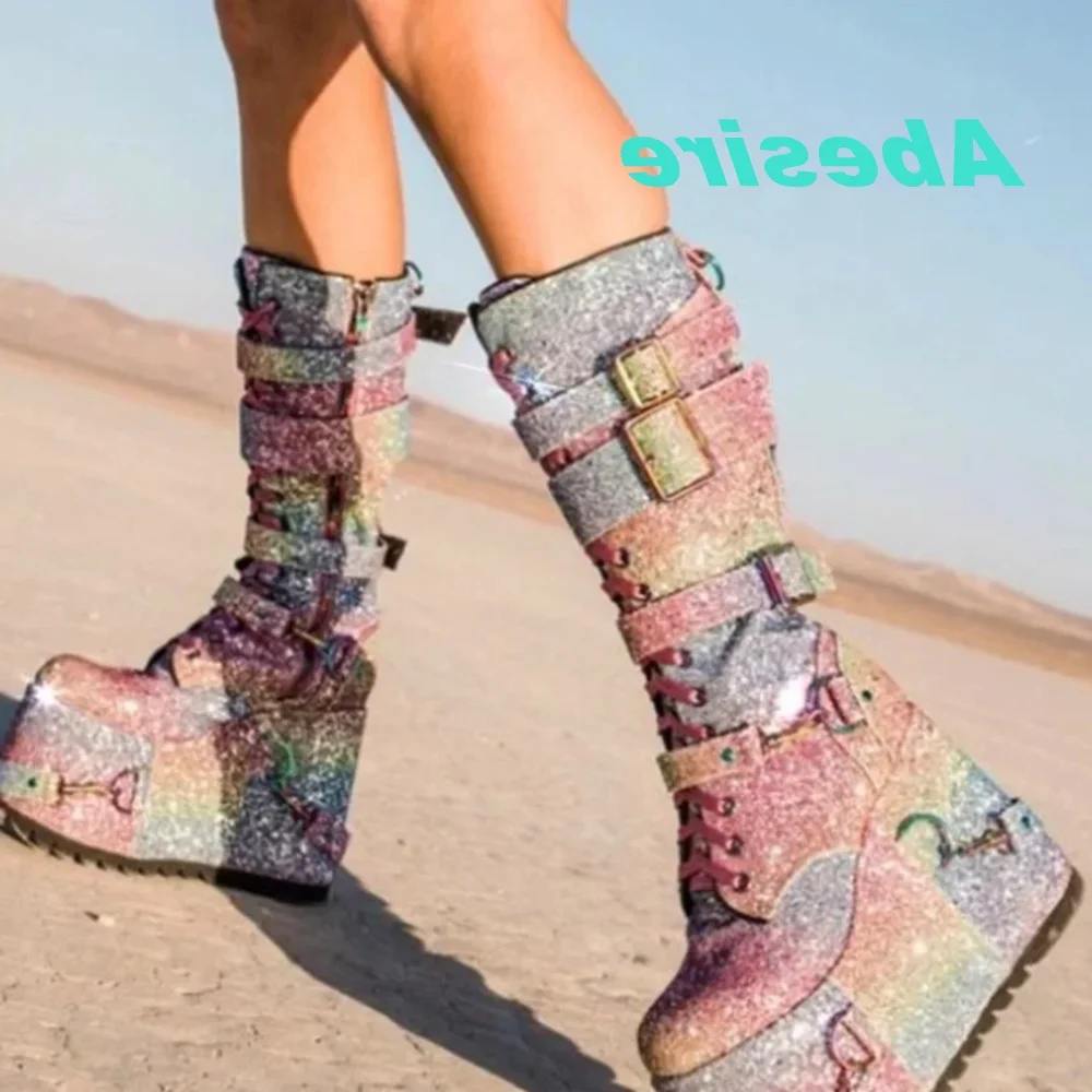 Lolita Y2K Sweet Cute Shoes Newplatform Cross-Tied Wedges Shoes for Women Colorful Bling Glitter Multi-Buckles Knee High Boots view 2