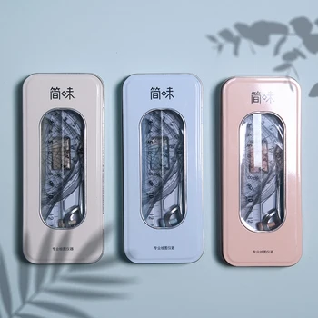 Bússola Régua Set para Estudantes, Iron Box, Placa Geometria, Papelaria, Matemática, Desenho, Acessório Transferidor, Matemática, 8 em 1, 2291