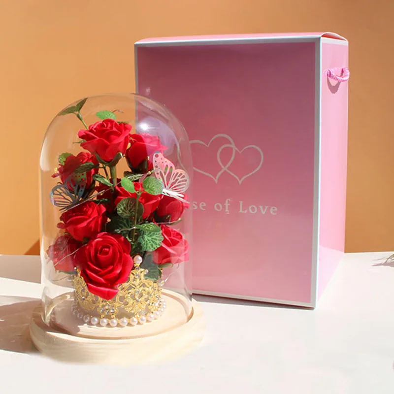 Soap Roses light up Glass garden  floral gift Eternal flower bouquet f girl boy friend Christmas valentine wedding party favor