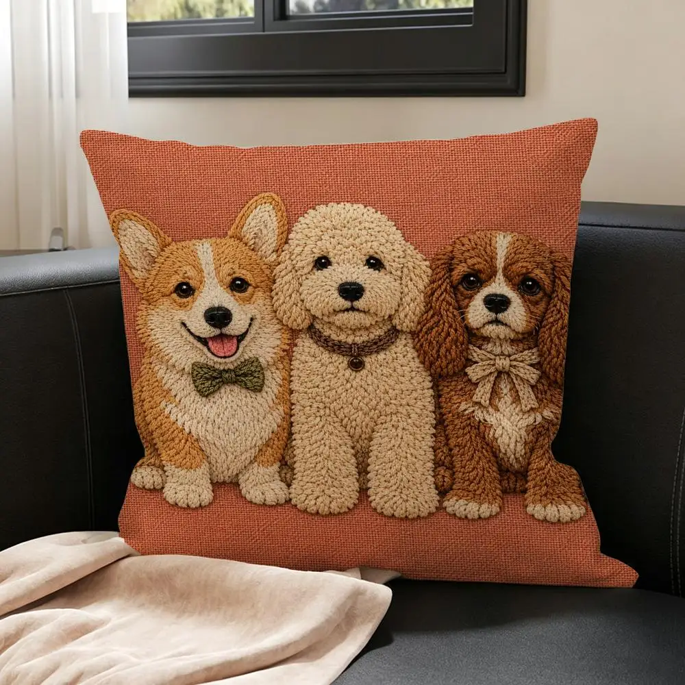 Dog 2D Flat Printing Cute Dogs Cushion Cover Natural Linen Pillowcase Set, All-in-One Decor for Sofa, Bedroom & Chair