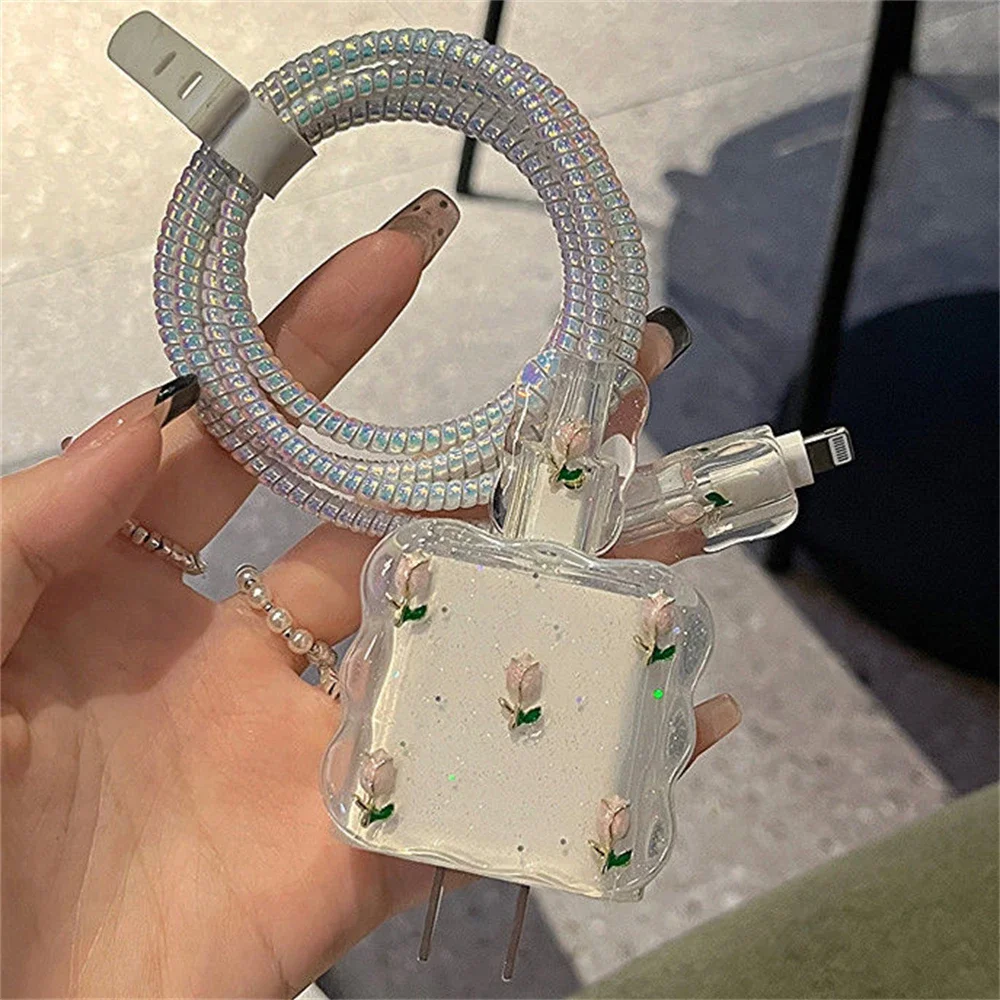 Cute 3D Metal Tulip Glitter USB Cable Protector Cover for IPhone 15 14 13 18W-20W Data Line Bite Head Cord Fast Charging Case