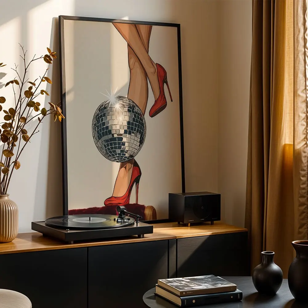 High heel disco ball vintage canvas wall decoration painting, trendy home decoration for the living room, 2D printed poster