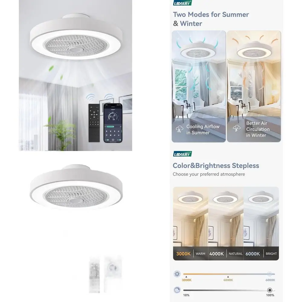 

20-дюймовый потолочный вентилятор без лопастей со светодиодной подсветкой, пультом дистанционного управления, скрытым монтажом, 6000K, 6 скоростей, 3000 лм, 57 Вт, белый