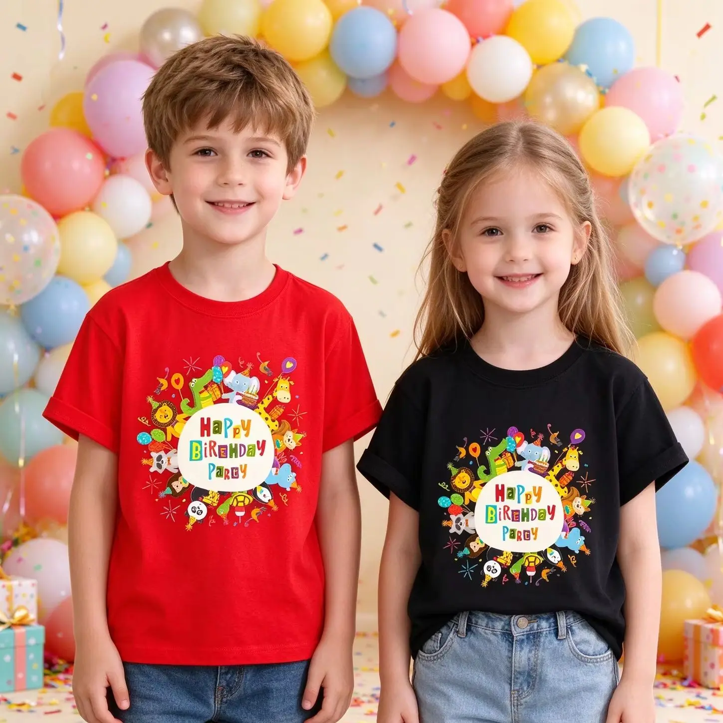 Kids Happy Birthday Party T-Shirt, Cute Cartoon Animal Circle Print Short Sleeve Tee, Boys Girls Birthday Party Outfit