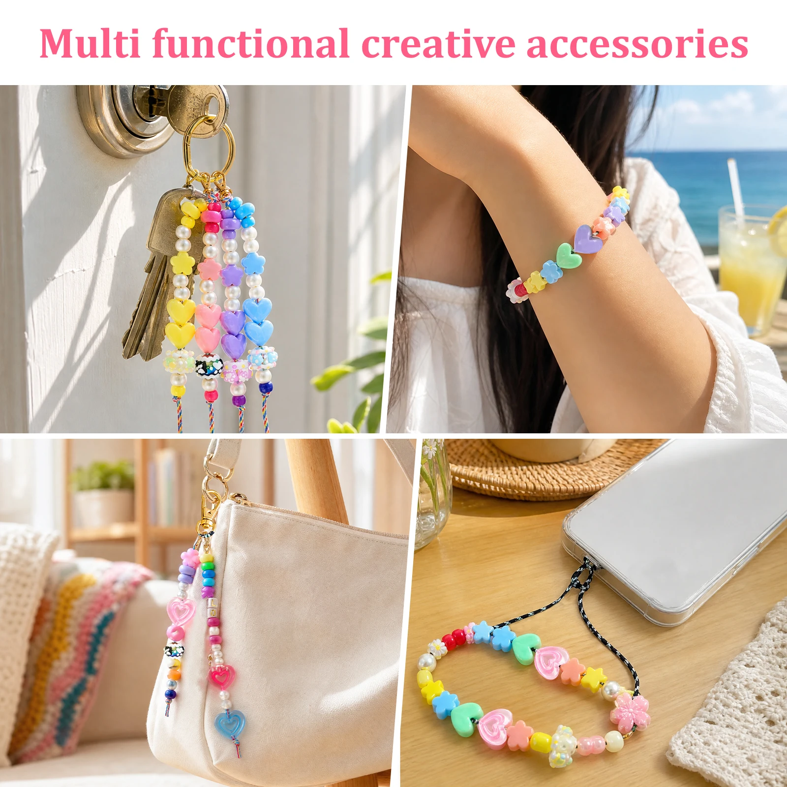 421PCS Beaded Keychain Making Kit for Women Acrylic Heart Star Flower Letter Alphabet Bag Bead DIY Key Chain Charm Supply Craft view 6