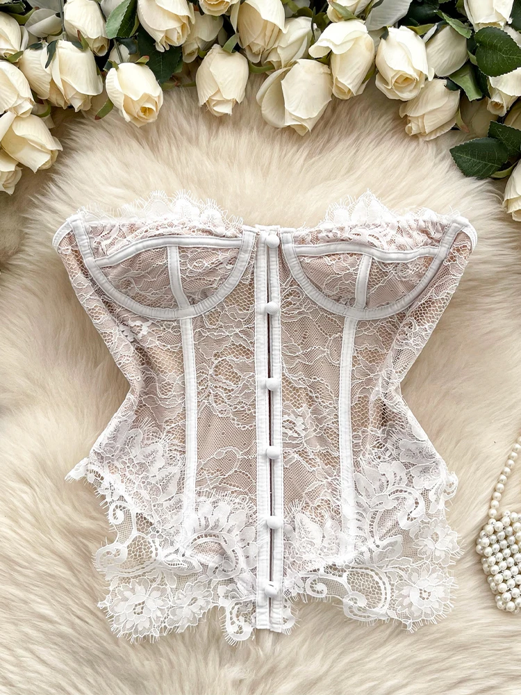 

Женский белый кружевной укороченный топ, винтажный камзол с открытыми плечами Y2k, корсетный топ без рукавов, эстетический топ на бретелях 2000-х годов, кокетливая одежда