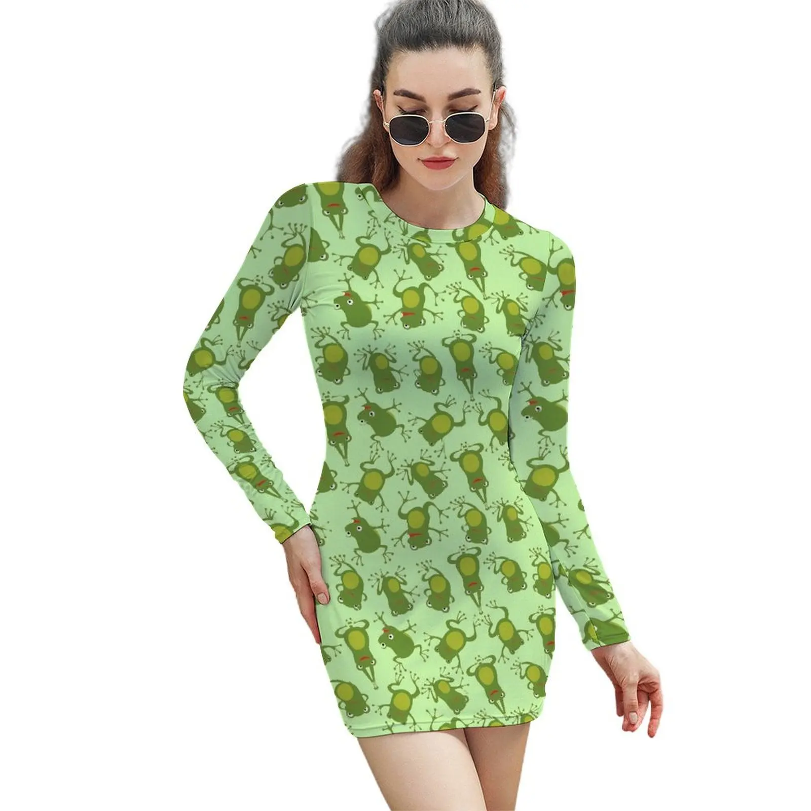 Green Frog Lovers Dress Ladies Animal Print Aesthetic Bodycon Dress Holiday Long Sleeve Trendy Dresses Printed Big Size Clothes