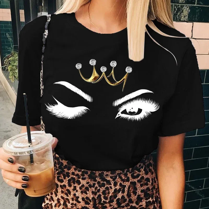 White Eyelash Print Women T Shirt Short Sleeve O Neck Loose Women Tshirt Ladies Tee Shirt Tops Camisetas Mujer