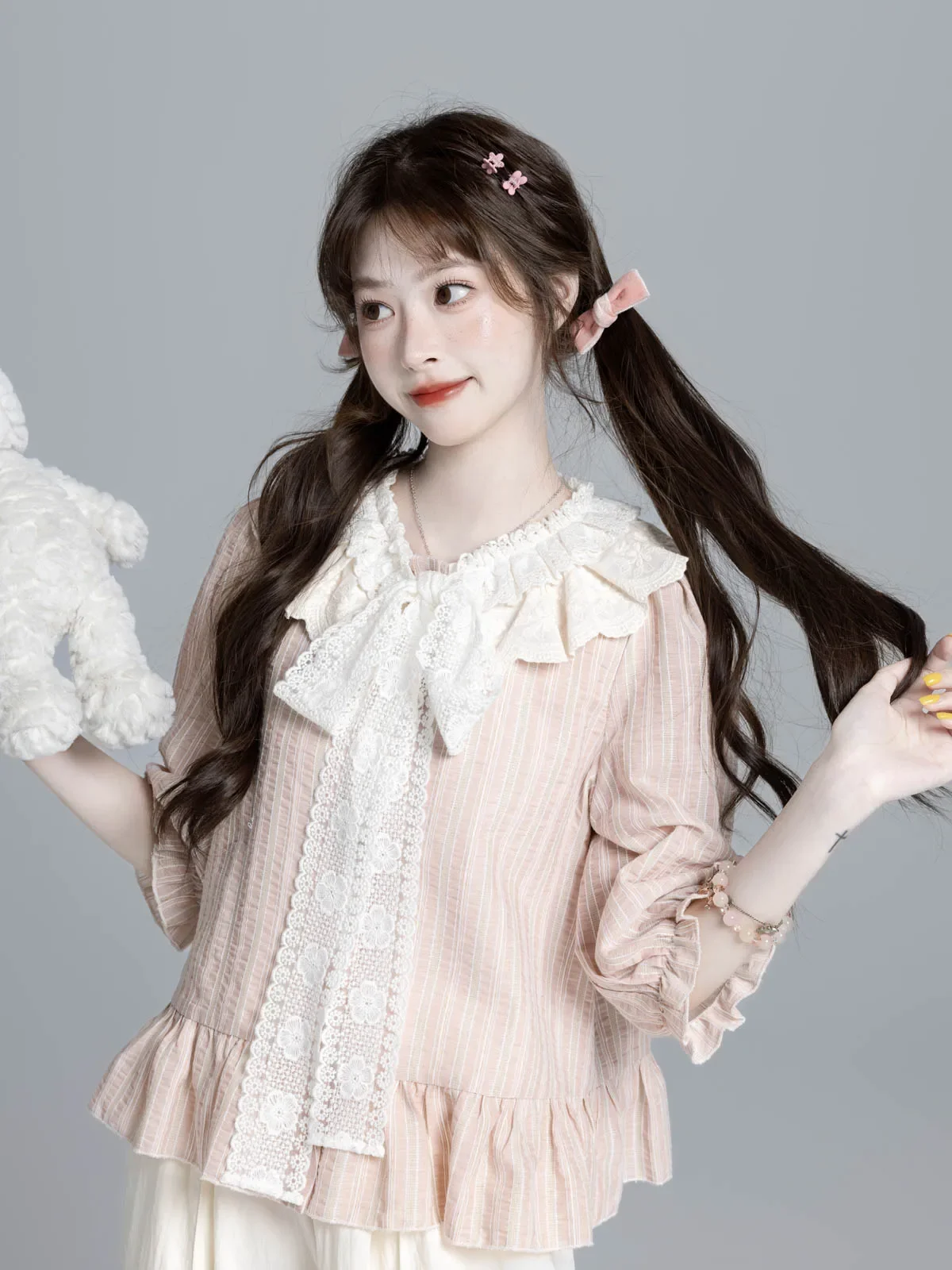Japanese Sweet Preppy Style Lace-up Bow Doll Collar Flare Sleeve Blouse Loose Casual Ruffles Striped Shirt Top For Women Autumn