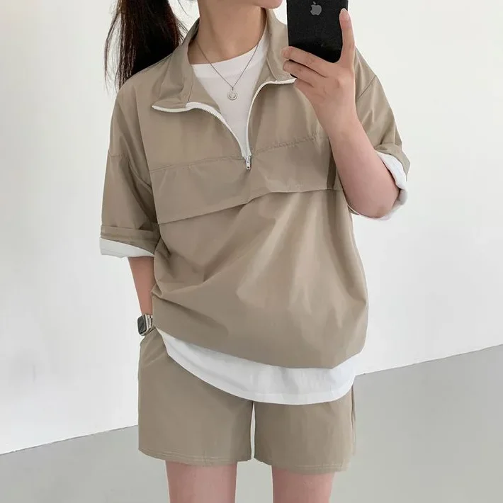 Summer Women's 2 Pieces Set Turtleneck Long Sleeve Top And Shorts Suit Female Summer Casual Tracksuit