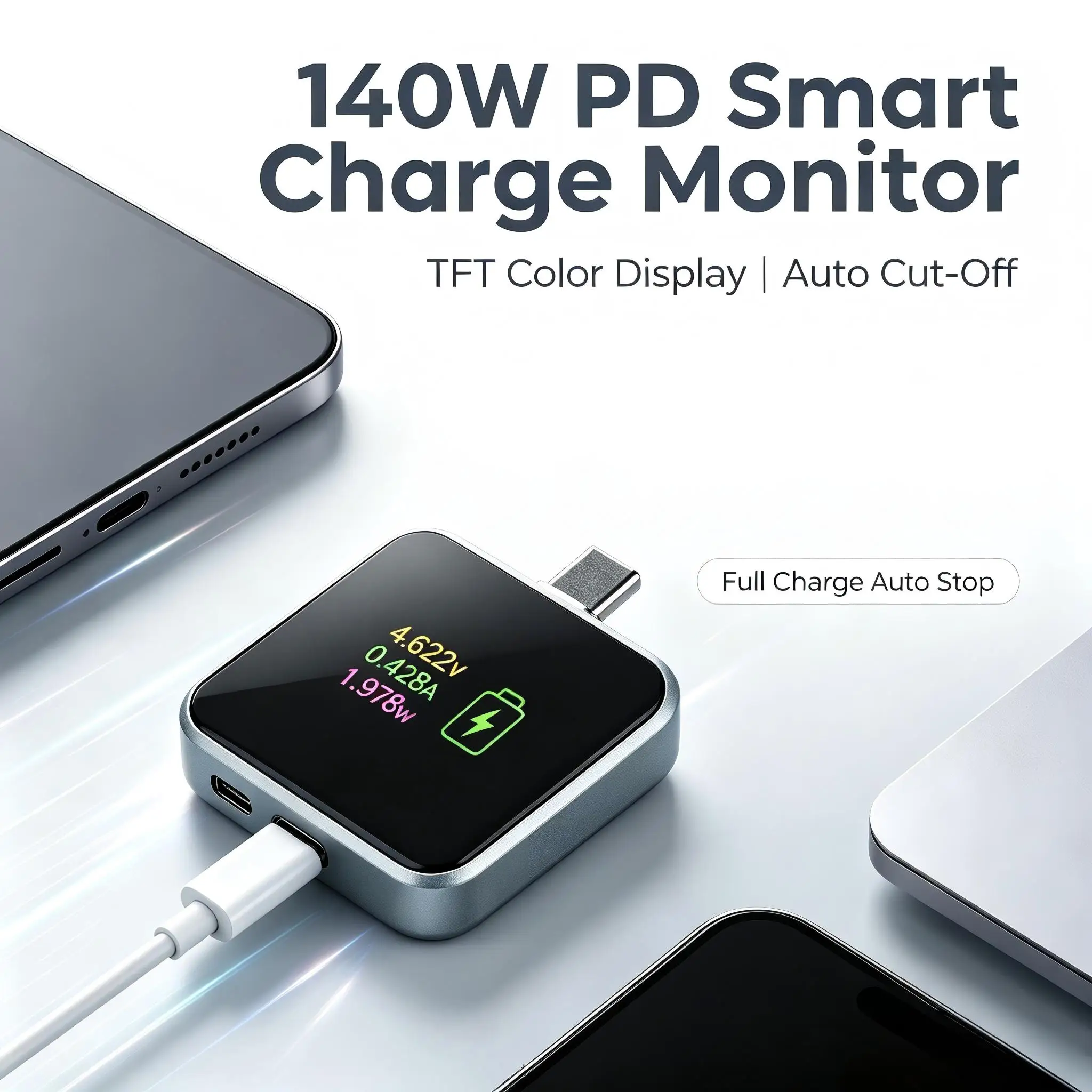 PD 140W TFT Color Screen Smart Power Cut-off Device Auto Disconnect Charger Full Charge Detection Monitor for Mobile Devices