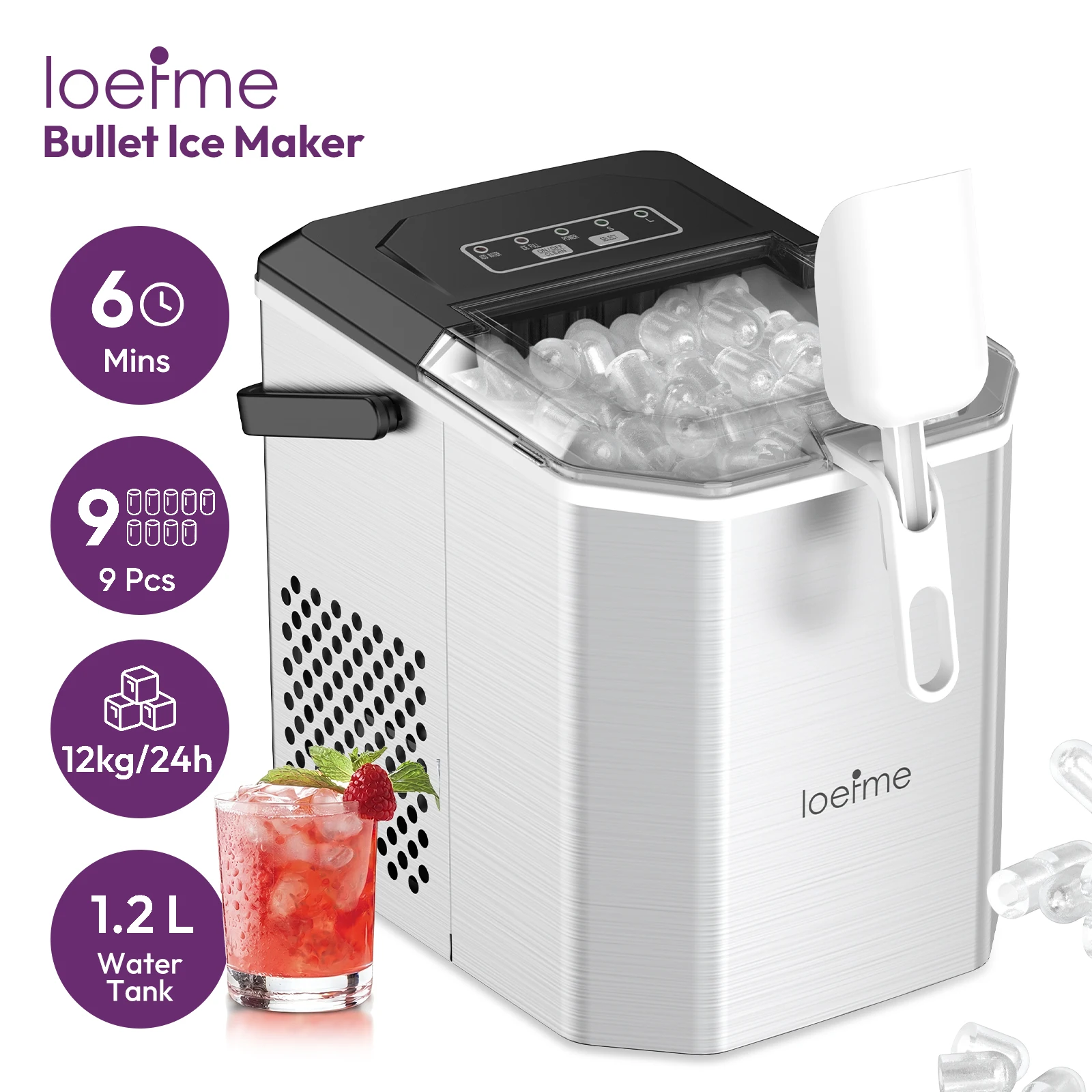 LOEFME 12kg/24h Elektrische Eiswürfelmaschine Bullet-Eis 6 Minuten 9 Stück Eiswürfel Selbstreinigende Eismaschine für Zuhause Cafés Camping Party