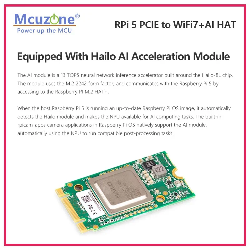 MPWAI, Raspberry Pi 5 PCIE a WiFi7+AI HAT, AI para RPi5 (Hailo-8), WiFi7 (BE200), compatible con sistema operativo RPi