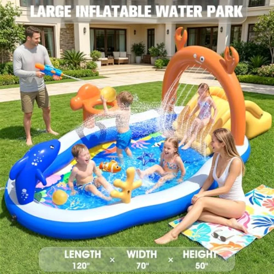 Backyard toddler pool with water slide sprinkler, PVC inflatable play center in blue and yellow, extra-large 120x70x50 splash p view 2